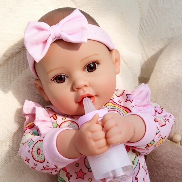 Realistic Reborn Baby Doll Girl 18 Inch Soft Body Brown Eyes Pink Outfit Gift - Picture 1 of 9